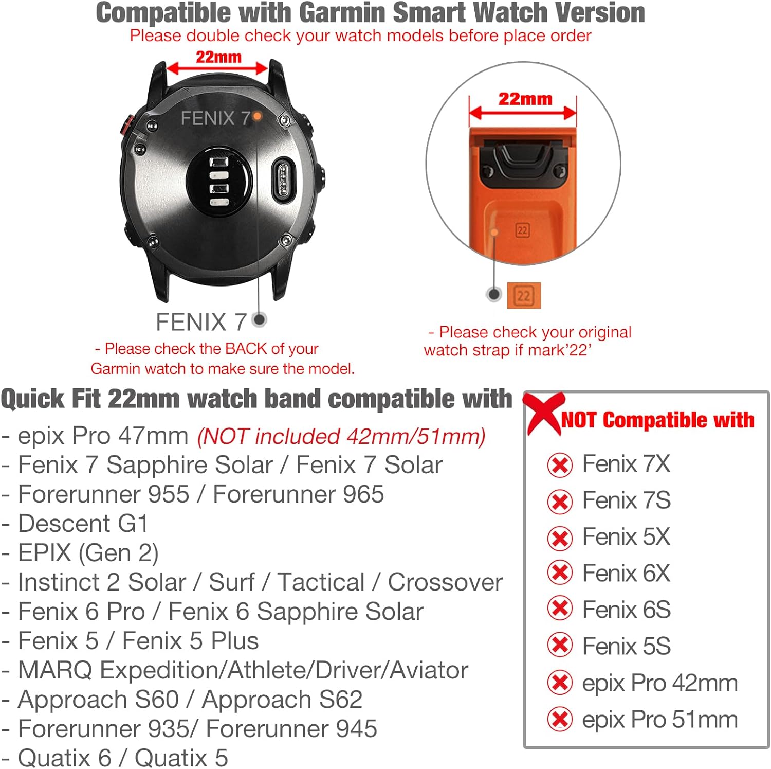 Zitel Band for Garmin Fenix 8 AMOLED 47mm, Fenix E/7/7 Pro, 6/6 Pro, Forerunner 970/965/955, QuickFit 22mm wide Nylon Sports Strap - Black