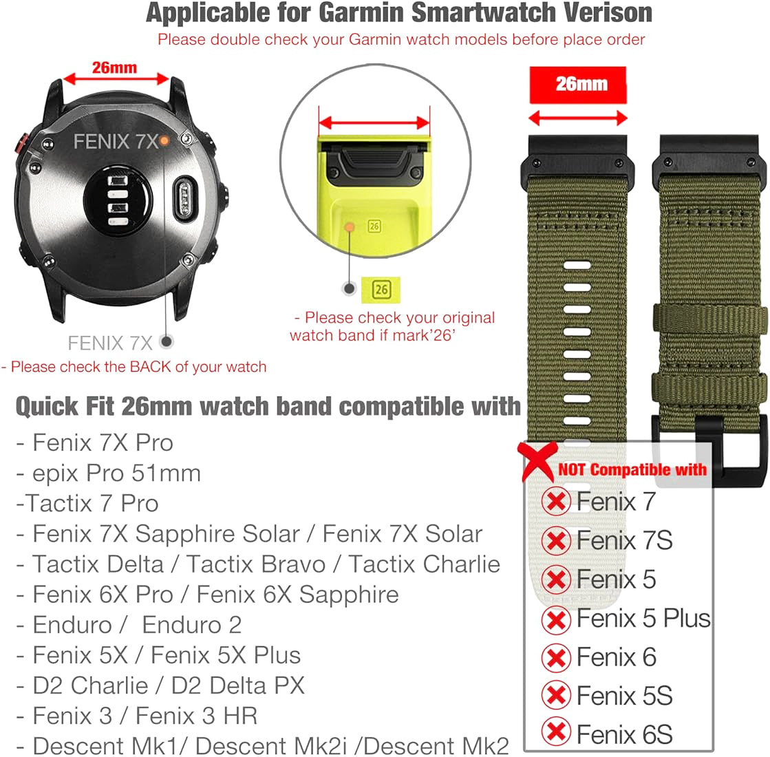 Zitel Band for Fenix 8 51mm, 7X/7X Pro, 6X/6X Pro, 5X/5X Plus, 3/3 HR, Descent MK1, Enduro, Rugged Nylon 26mm Sport Strap