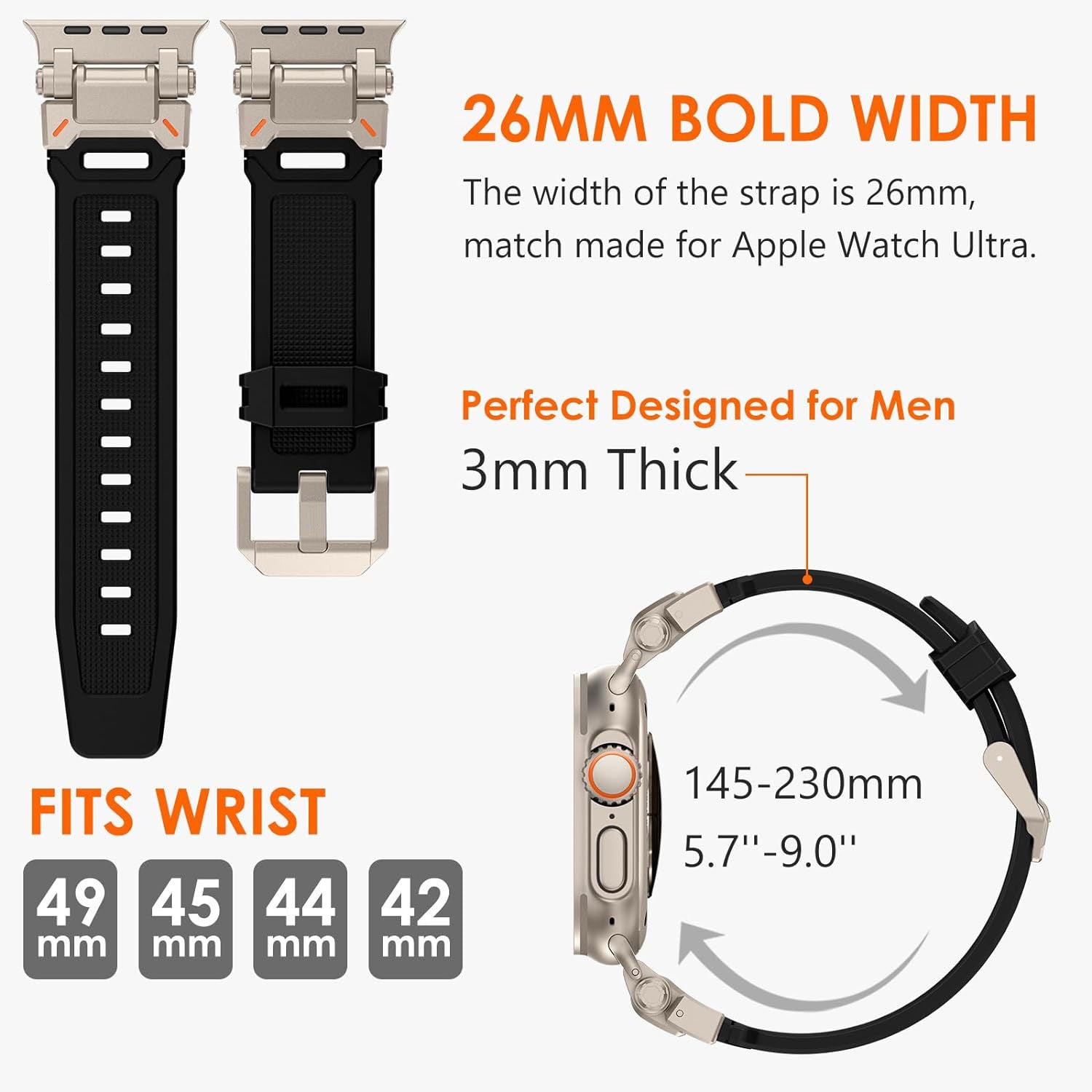 Zitel Band for Apple Watch Ultra 2 / Ultra 49/46/45/44mm Metal Connector Sport Strap - Black