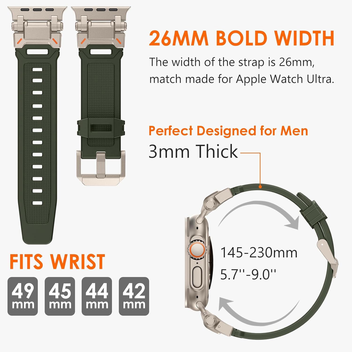 Zitel Band for Apple Watch Ultra 2 / Ultra 49/46/45/44mm Metal Connector Sport Strap - Army Green
