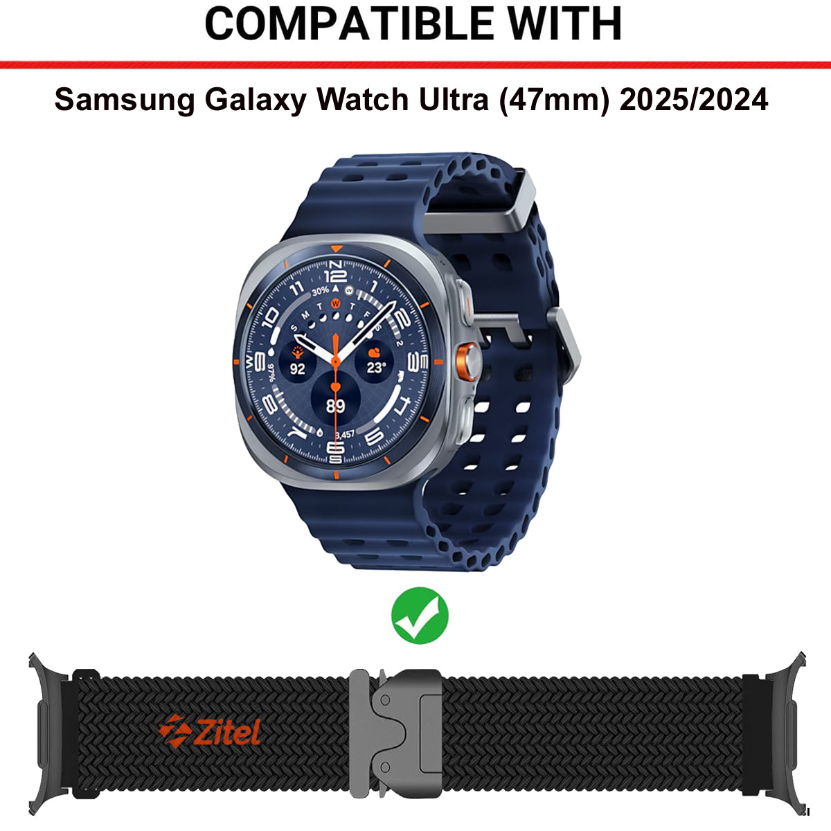 Zitel Band for Samsung Galaxy Watch Ultra 47mm 2025/2024 Nylon Sports Strap - Black