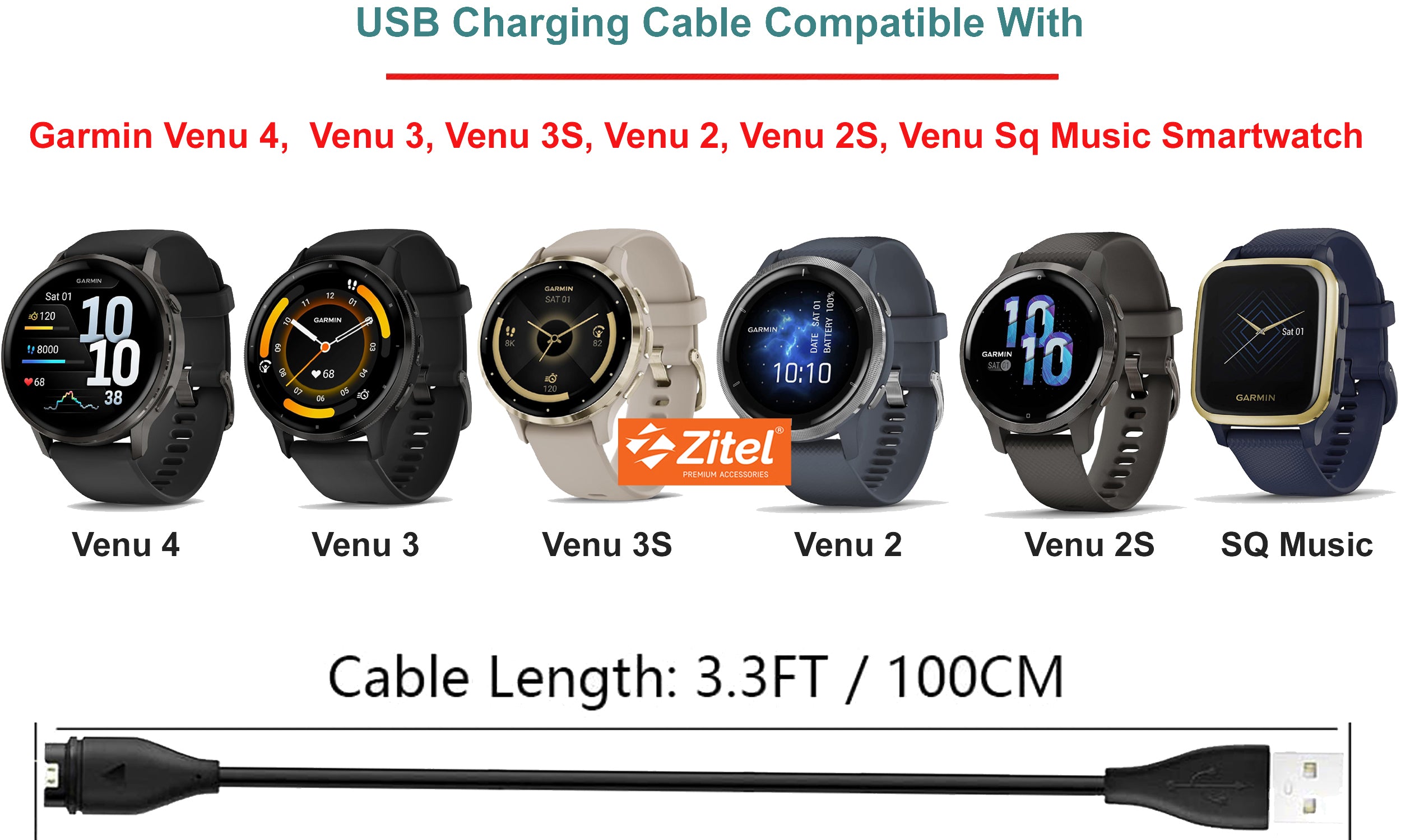 Zitel Charger for Garmin Venu 4, Venu 3/3S, Venu 2/2S, Venu Sq Music Charging USB Cable With Dust Plug