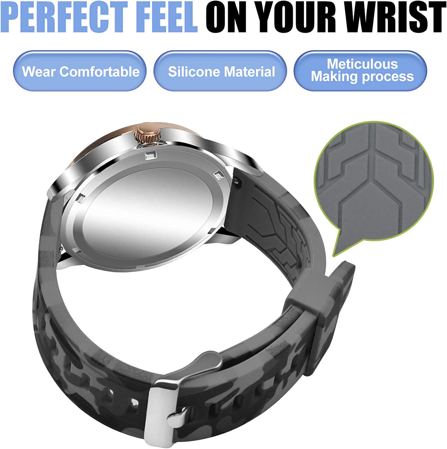 Zitel Band for Garmin Forerunner 265, 255, 245 Music, Vivoactive 4 45mm, Venu 245 mm, Venu 3  45mm, 22mm Wide Strap - Camo Gray