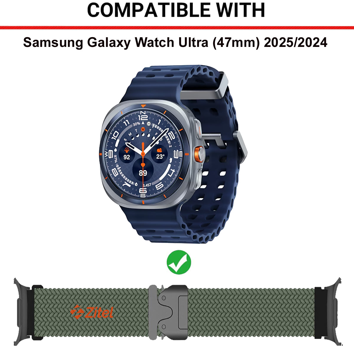 Zitel Band for Samsung Galaxy Watch Ultra 47mm 2025/2024 Nylon Sports Strap - Army Green