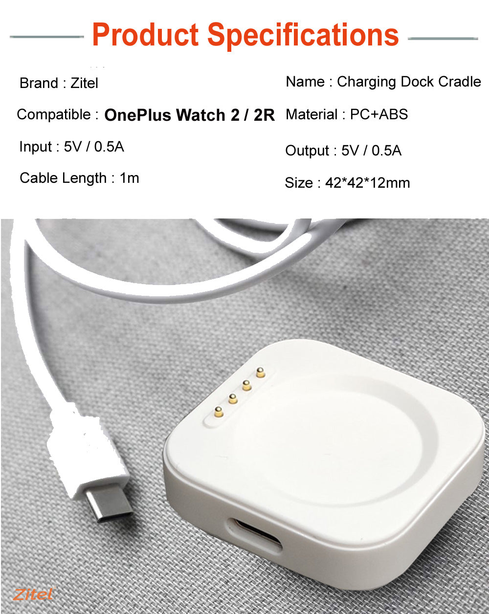 Zitel Charger for OnePlus Watch 3 / 2 / 2R Charging USB Cable - White