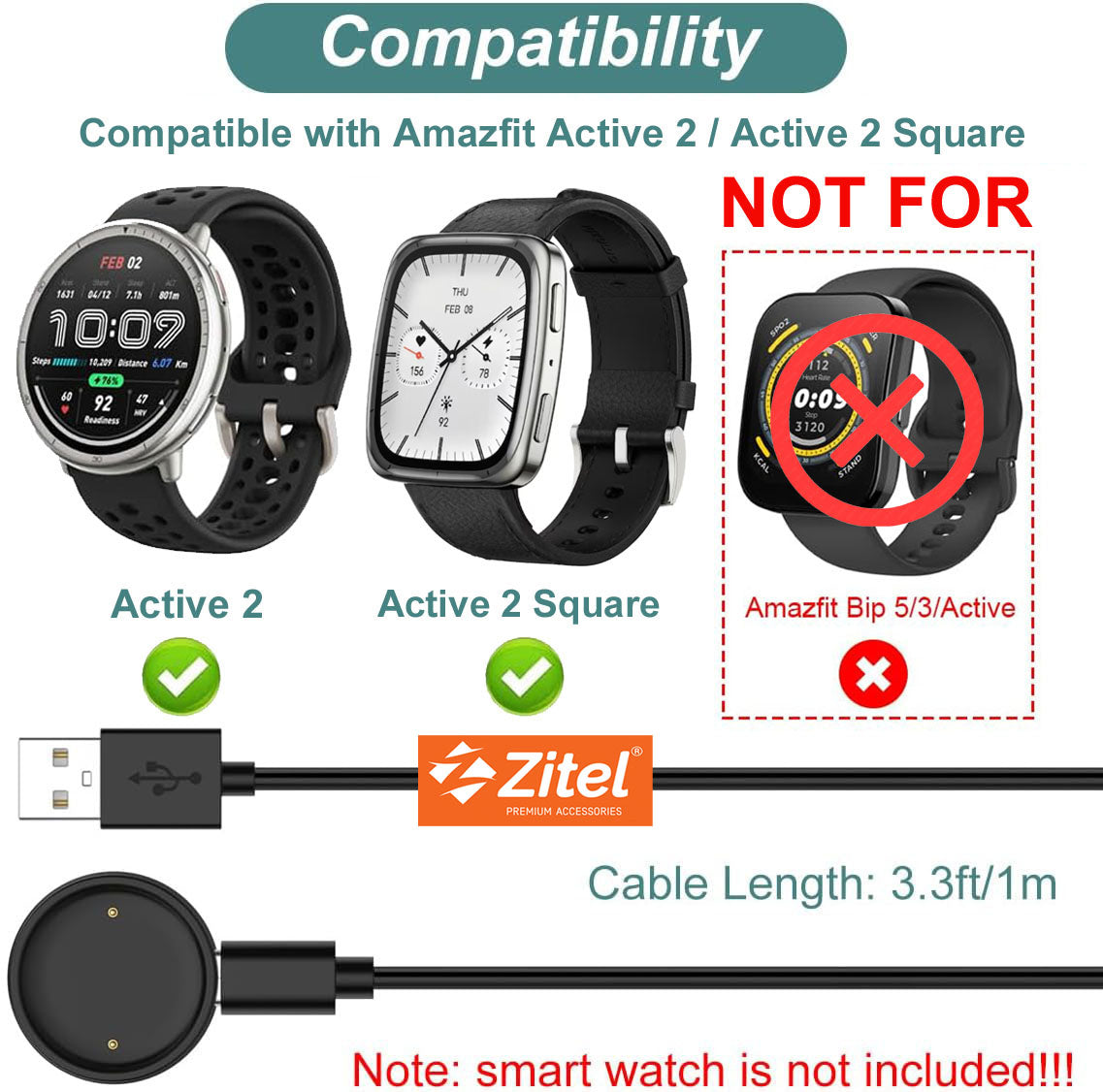 Zitel Charger for Amazfit Active 2, Active 2 Square Smart Watch