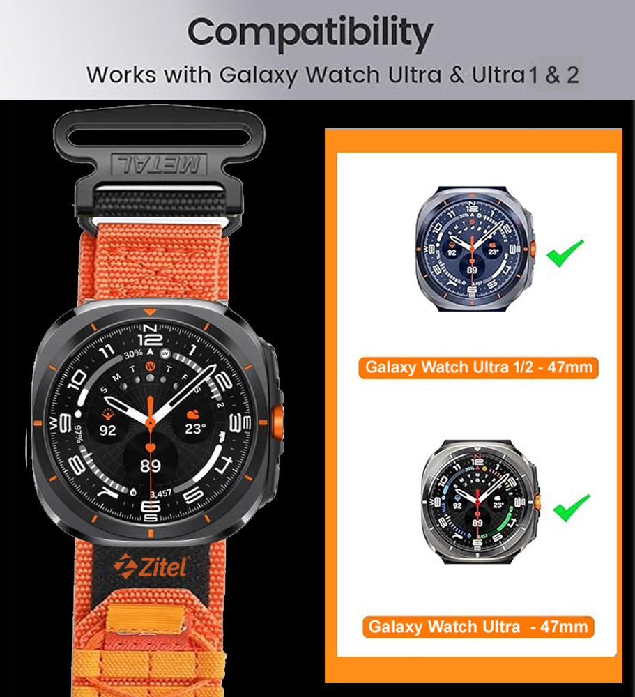 Zitel Band for Samsung Galaxy Watch Ultra 2/Ultra (2026/25/24 ver.) Rugged Nylon 47mm Sports Strap - Orange