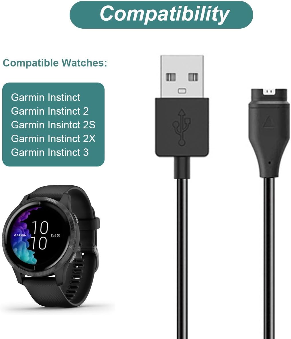 Zitel Charger for Garmin Instinct 2 2S 2X, Instinct 3 - USB Charging Cable with Charger Port Anti Dust Plug - Black