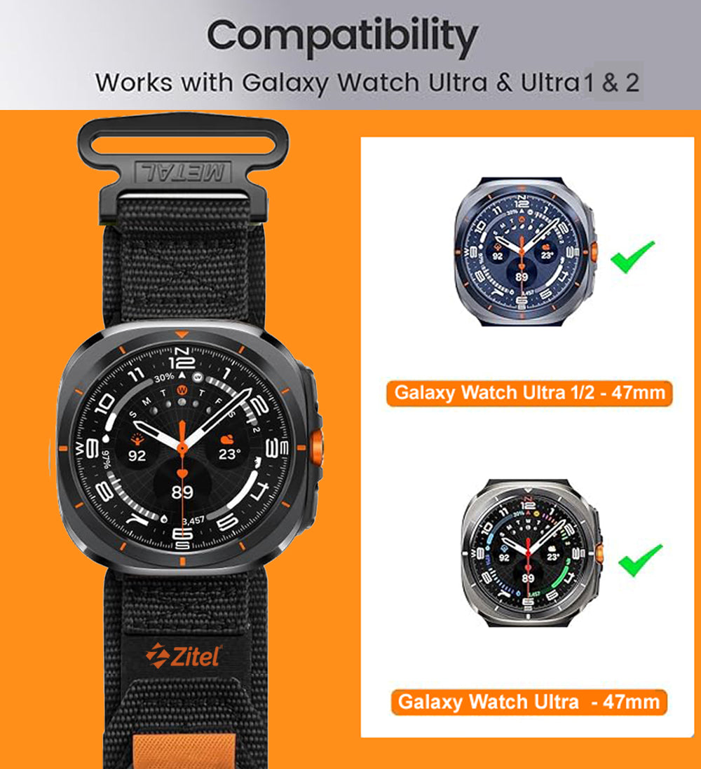 Zitel Band for Samsung Galaxy Watch Ultra 2/Ultra (2026/25/24 ver.) Rugged Nylon 47mm Sports Strap - Black
