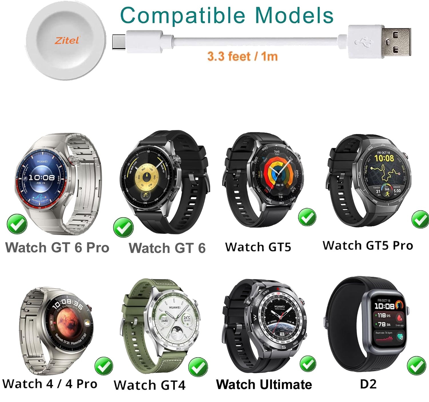 Zitel Charger for Huawei Watch GT 6/Pro, GT 5/Pro, GT4/Pro, Watch 4/4 Pro, Watch Ultimate, Watch D2