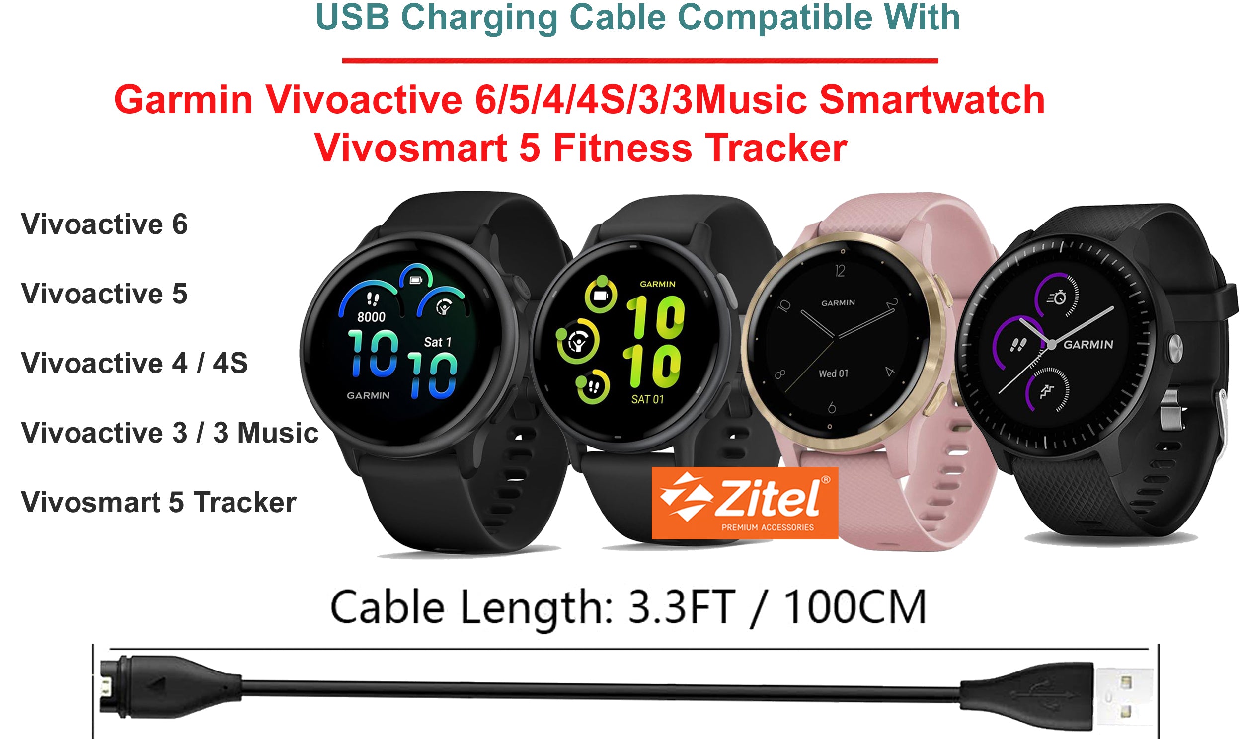 Zitel Charger for Garmin Vivoactive 6/5/4/4S/3/3 Music Smartwatch, Vivosmart 5 Fitness Tracker Charging Cable with Dust Plug