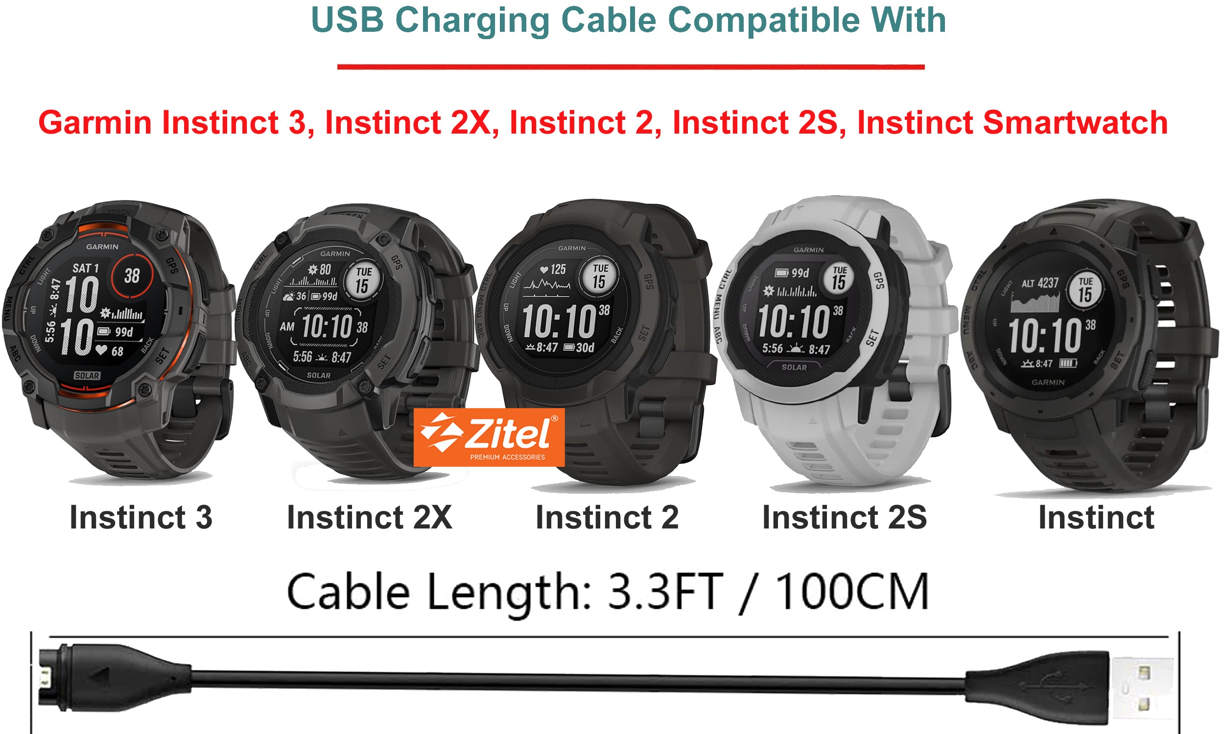 Zitel Charger for Garmin Instinct 3, 2X 2 2S, Instinct - USB Charging Cable With Dust Plug