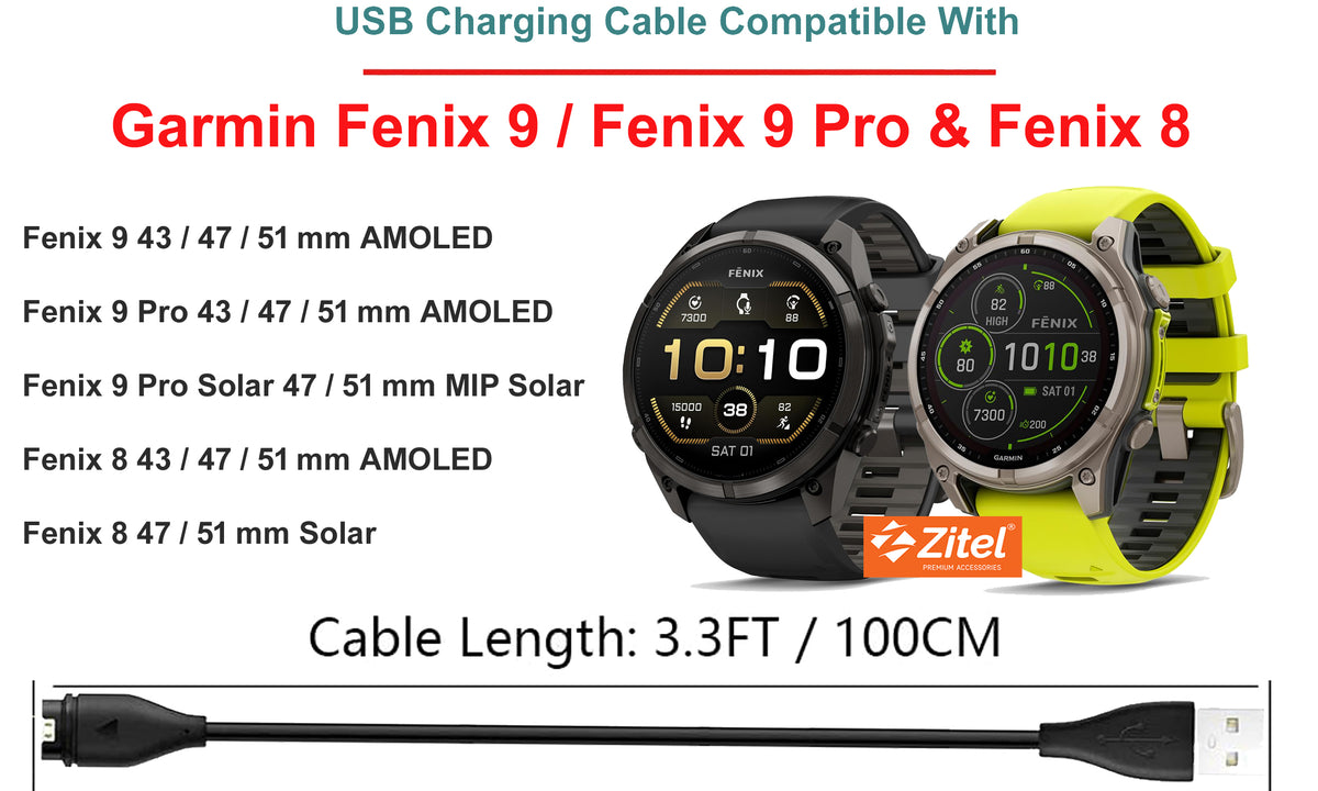 Zitel Charger for Garmin Fenix 9/9 Pro, Fenix 8 USB Charging Cable