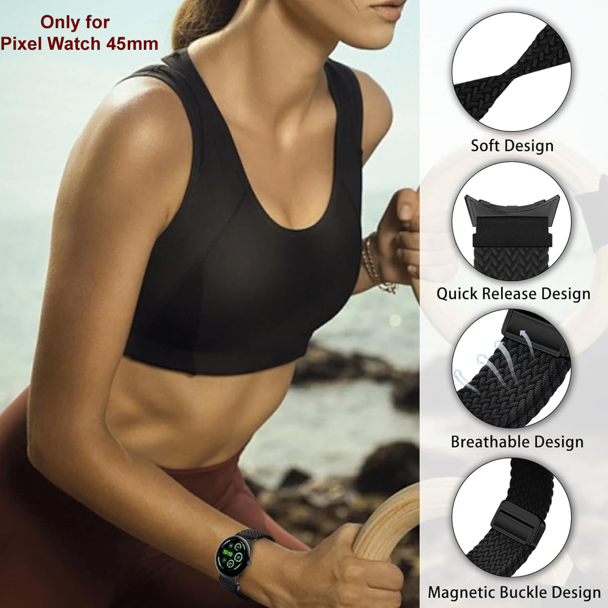 Zitel Band for Google Pixel Watch 4 45mm / Pixel Watch 3 45mm Nylon Sport Strap (Black)