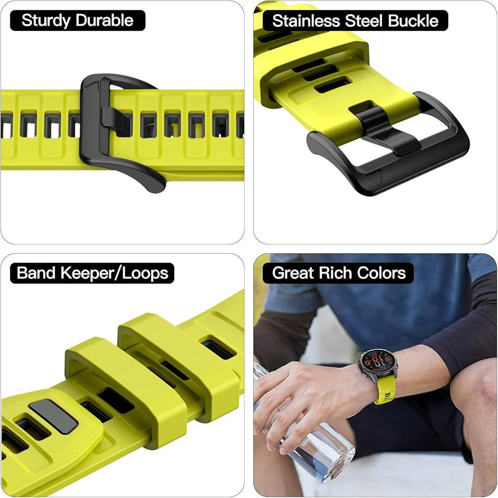 Zitel Band for Fenix 8 AMOLED 51mm, 7X/7X Pro, 6X/6X Pro, 5X/5X Plus, 3/3 HR, MK1/2i/3i, Enduro 3/2, 26mm Sport Strap - Lime Green & Gray