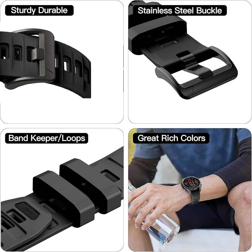 Zitel Band for Garmin Fenix 8 AMOLED 47mm, Fenix E/7/7 Pro, 6/6 Pro, Forerunner 965/955/945/935, QuickFit 22mm Silicone Sport Strap - Black