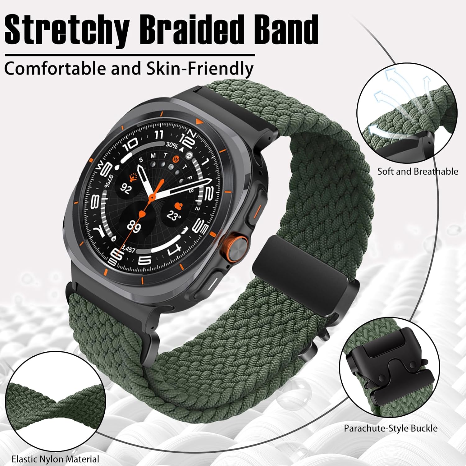 Zitel Band for Samsung Galaxy Watch Ultra 47mm 2025/2024 Nylon Sports Strap - Army Green