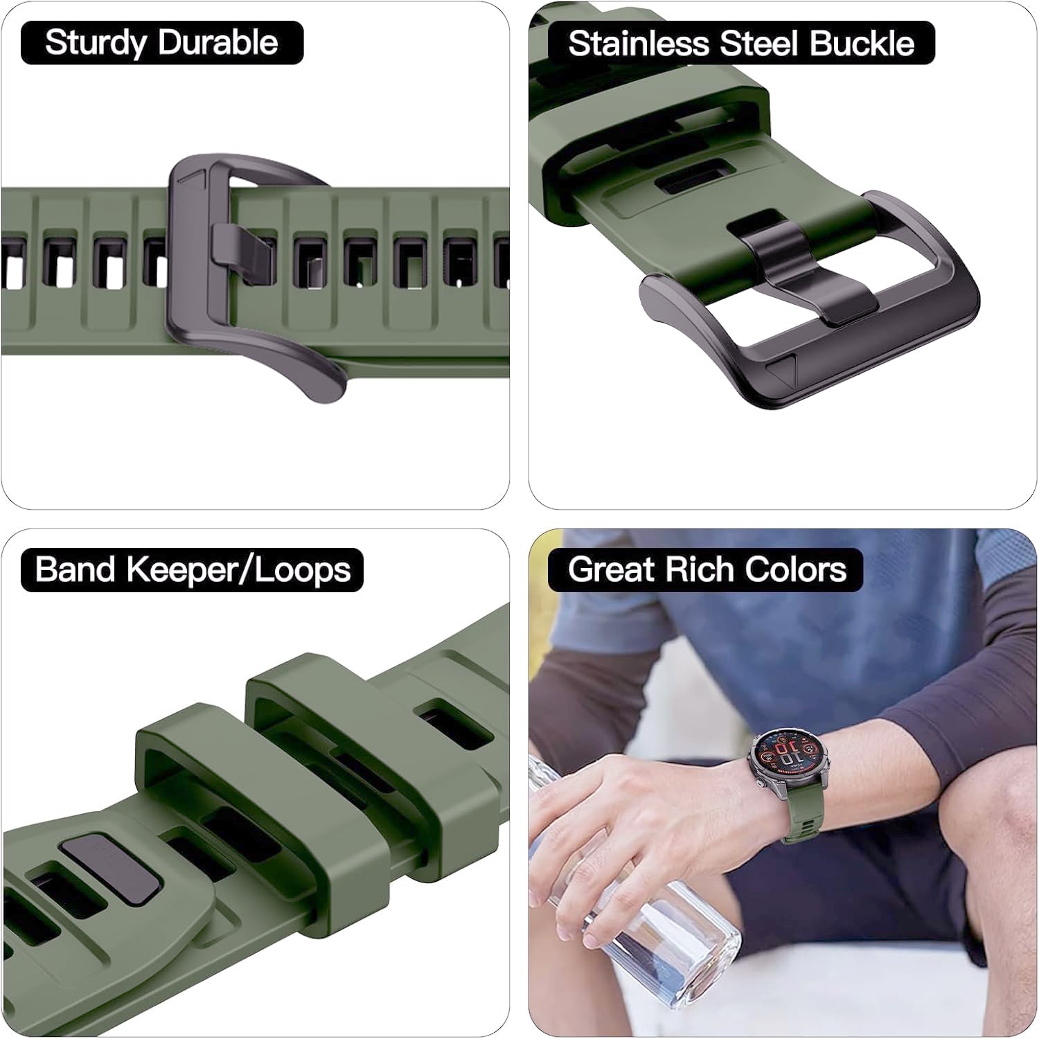 Zitel Band for Garmin Fenix 8 AMOLED 47mm, Fenix E/7/7 Pro, 6/6 Pro, Forerunner 970/965/955, QuickFit 22mm wide Silicone Sport Strap - Military Green & Black