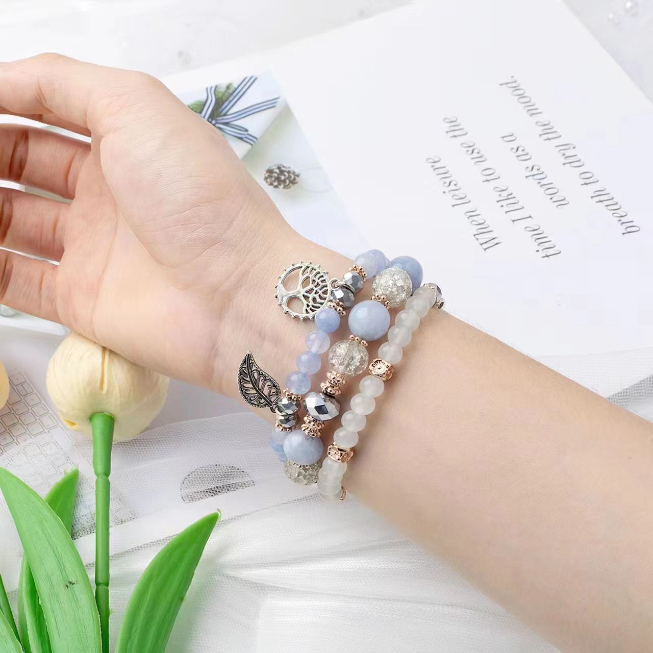 Zitel Band for Apple Watch 42mm(Series 10) 41mm 40mm 38mm Beaded Strap for Women Girls - Blue Leaf