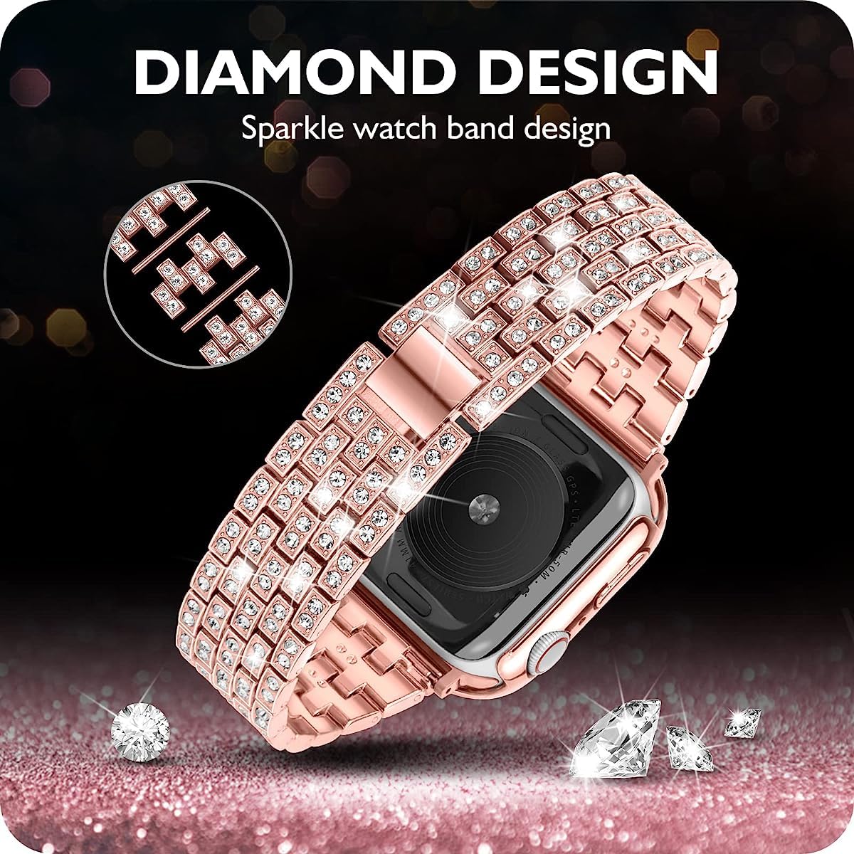 Zitel Band for Apple Watch 44mm Bling Diamond Rhinestone Strap + Case for Women Girls iWatch Series 6 | 5 | 4 | SE2 - Rose Pink
