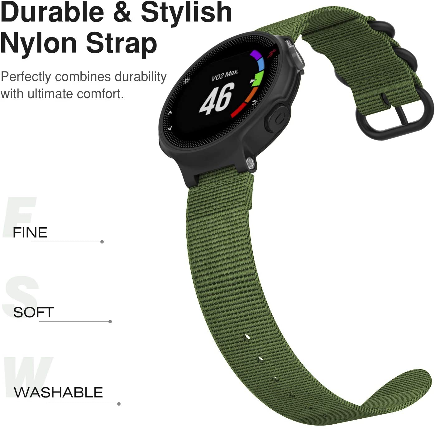 Zitel Band for Garmin Forerunner 735XT, 220, 230, 235, 235 Lite, 620 630, Approach S20,S6,S5, Nylon Strap - Army Green