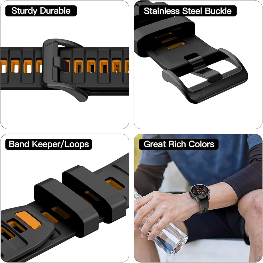 Zitel Band for Garmin Fenix 8 AMOLED 47mm, Fenix E/7/7 Pro, 6/6 Pro, Forerunner 970/965/955, QuickFit 22mm wide Silicone Sport Strap - Black & Orange