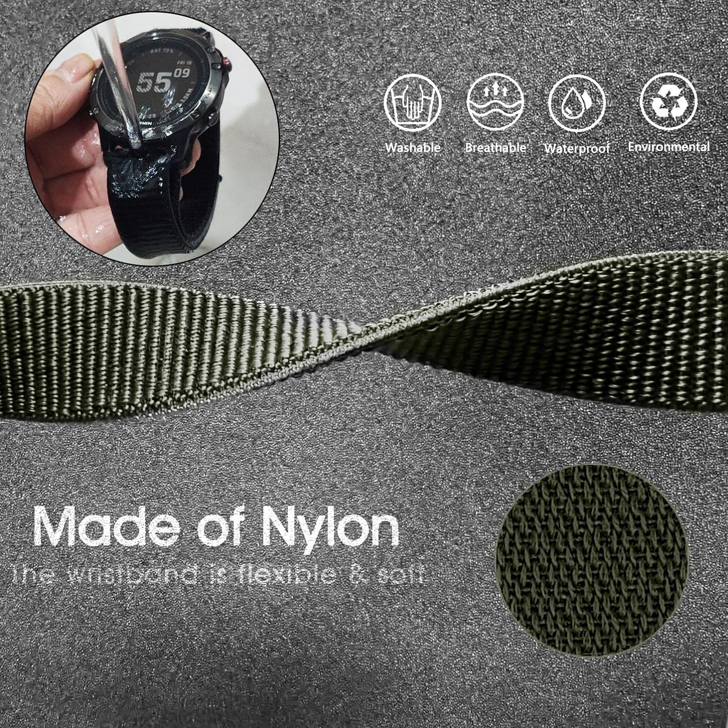 Zitel Band for Garmin Fenix 8 47mm, 7/7 Pro, 6/6 Pro, 5/5 Plus, Epix Pro/Gen 2 47mm, Forerunner 965/955/945/935, Nylon 22mm Sports Strap - Army Green