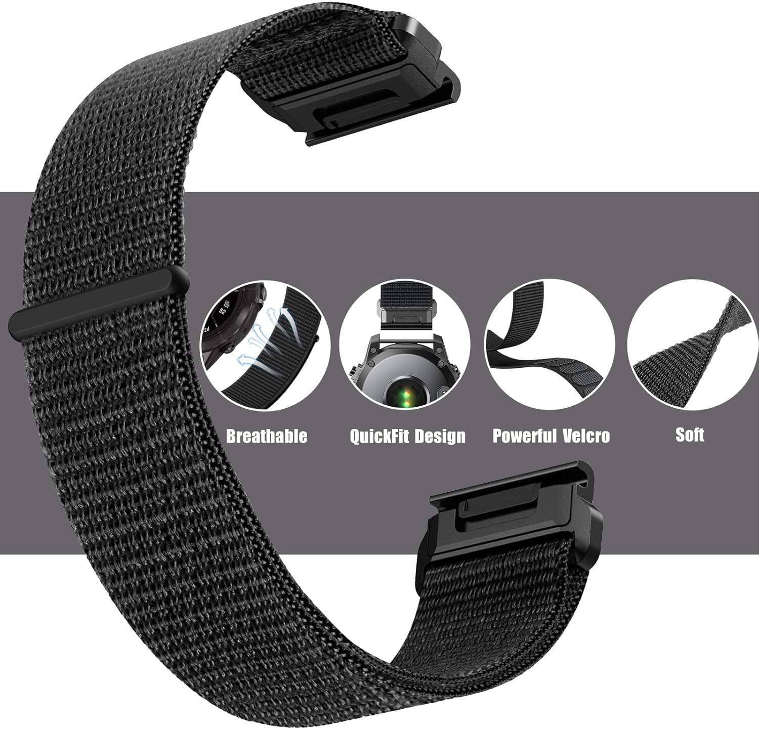 Zitel Band for Garmin Fenix 8 AMOLED 47mm, Fenix E/7/7 Pro, 6/6 Pro, Forerunner 970/965/955, Nylon 22mm wide Sport Strap - Black