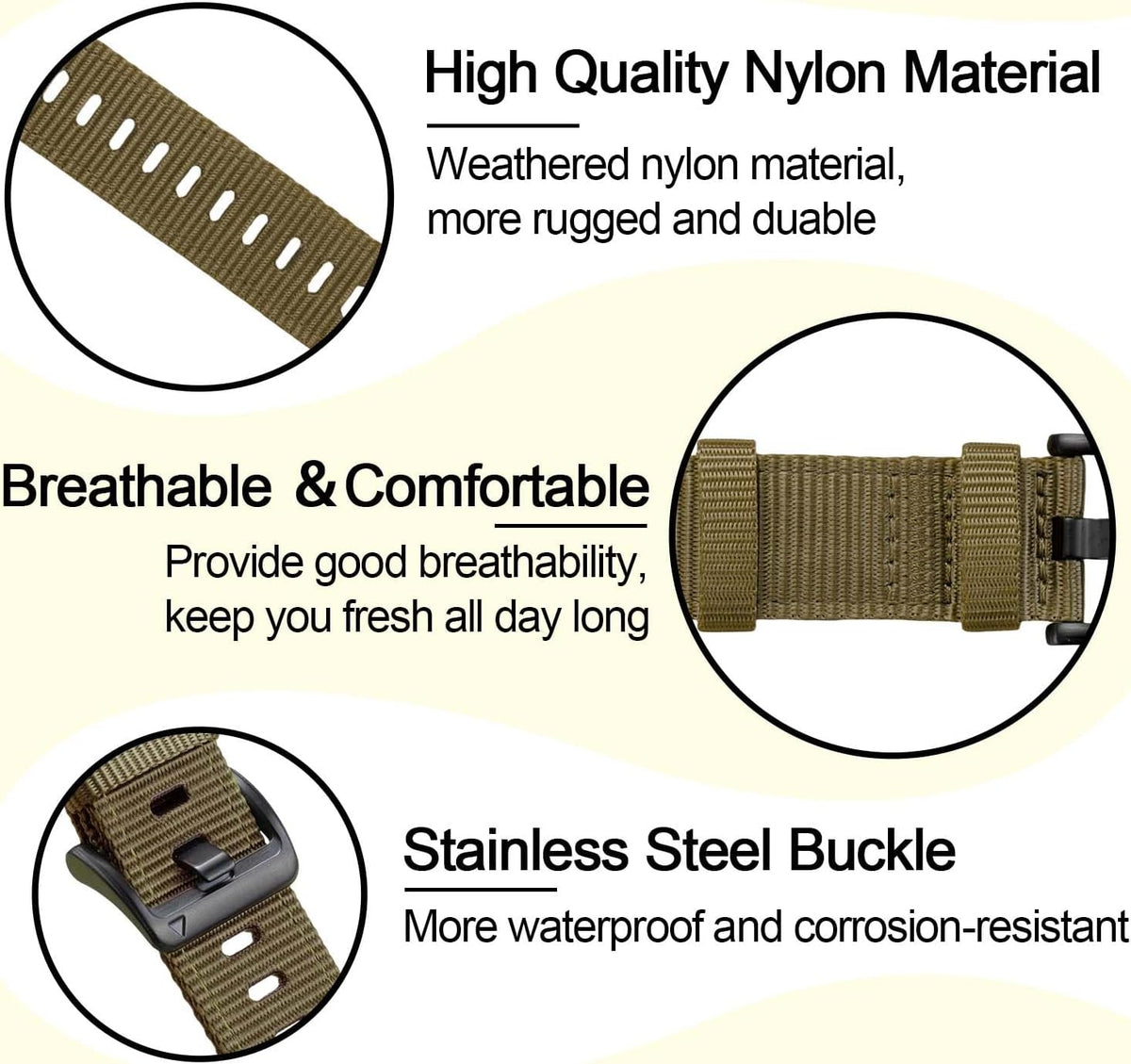 Zitel Band for COROS PACE 4/PACE 3/PACE Pro/APEX 2 Pro/APEX Pro/APEX 46mm - 22mm wide Rugged Nylon Sport Strap - Khaki