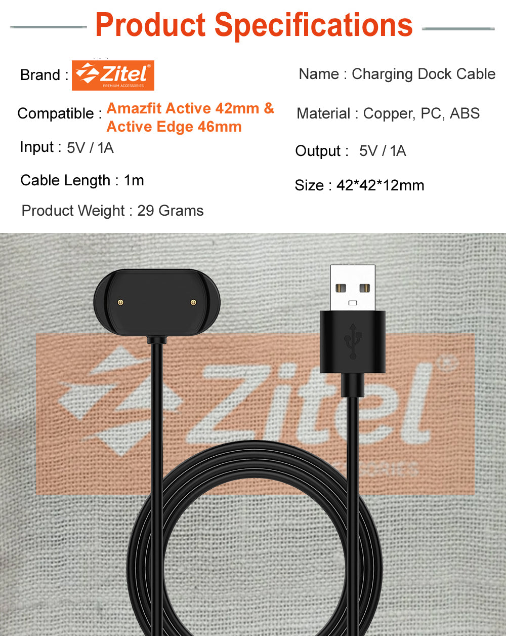 Zitel Charger for Amazfit Active Edge Smart Watch Charging Cable
