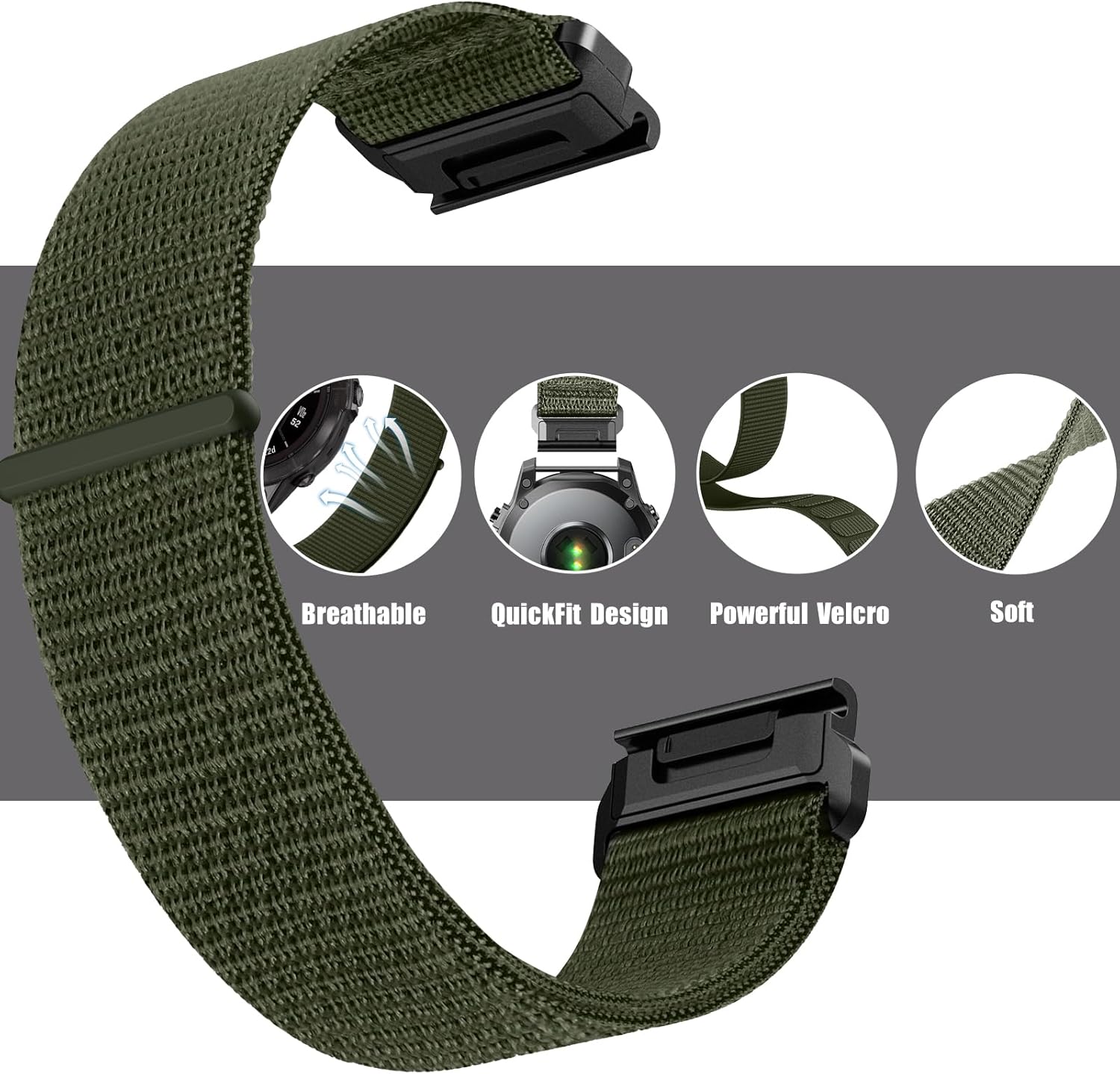 Zitel Band for Garmin Fenix 8 AMOLED 47mm, Fenix E/7/7 Pro, 6/6 Pro, Forerunner 970/965/955, Nylon 22mm wide Sport Strap - Army Green