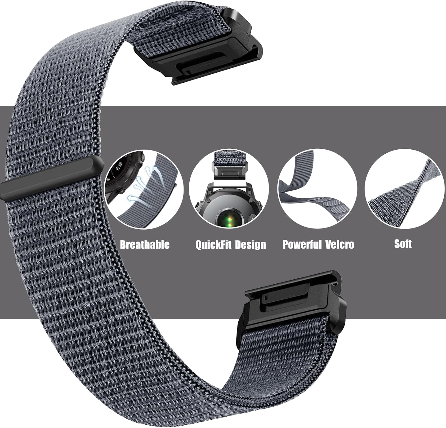 Zitel Band for Garmin Fenix 8 AMOLED 47mm, Fenix E/7/7 Pro, 6/6 Pro, Forerunner 970/965/955, Nylon 22mm wide Sport Strap - Gray