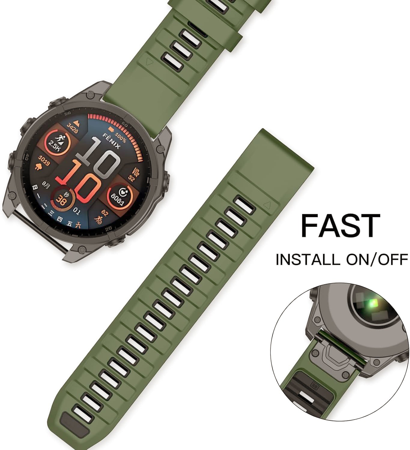 Zitel Band for Garmin Fenix 8 AMOLED 47mm, Fenix E/7/7 Pro, 6/6 Pro, Forerunner 970/965/955, QuickFit 22mm wide Silicone Sport Strap - Military Green & Black