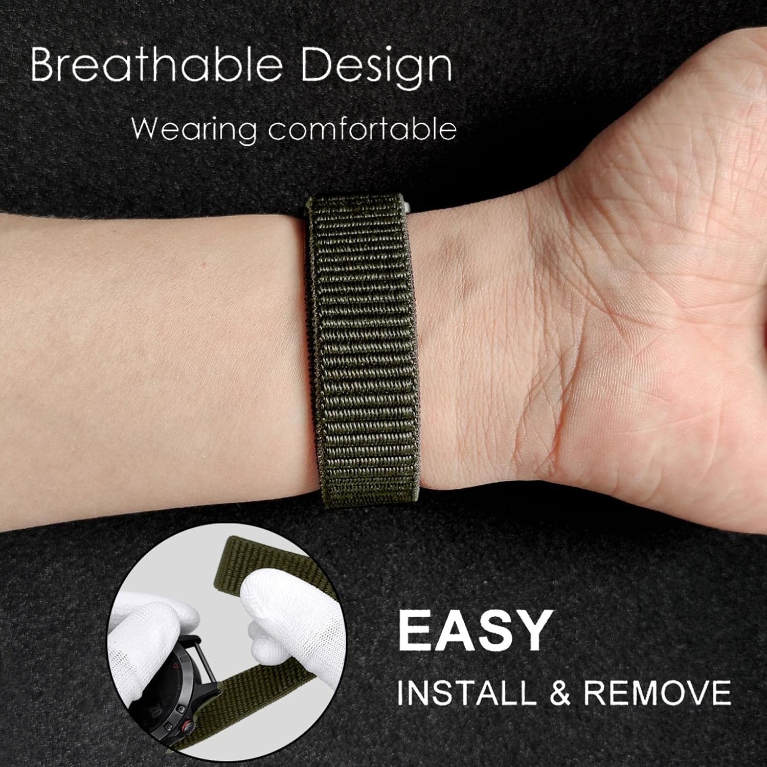 Zitel Band for Garmin Fenix 8 AMOLED 47mm, Fenix E/7/7 Pro, 6/6 Pro, Forerunner 970/965/955, Nylon 22mm wide Sports Strap - Army Green