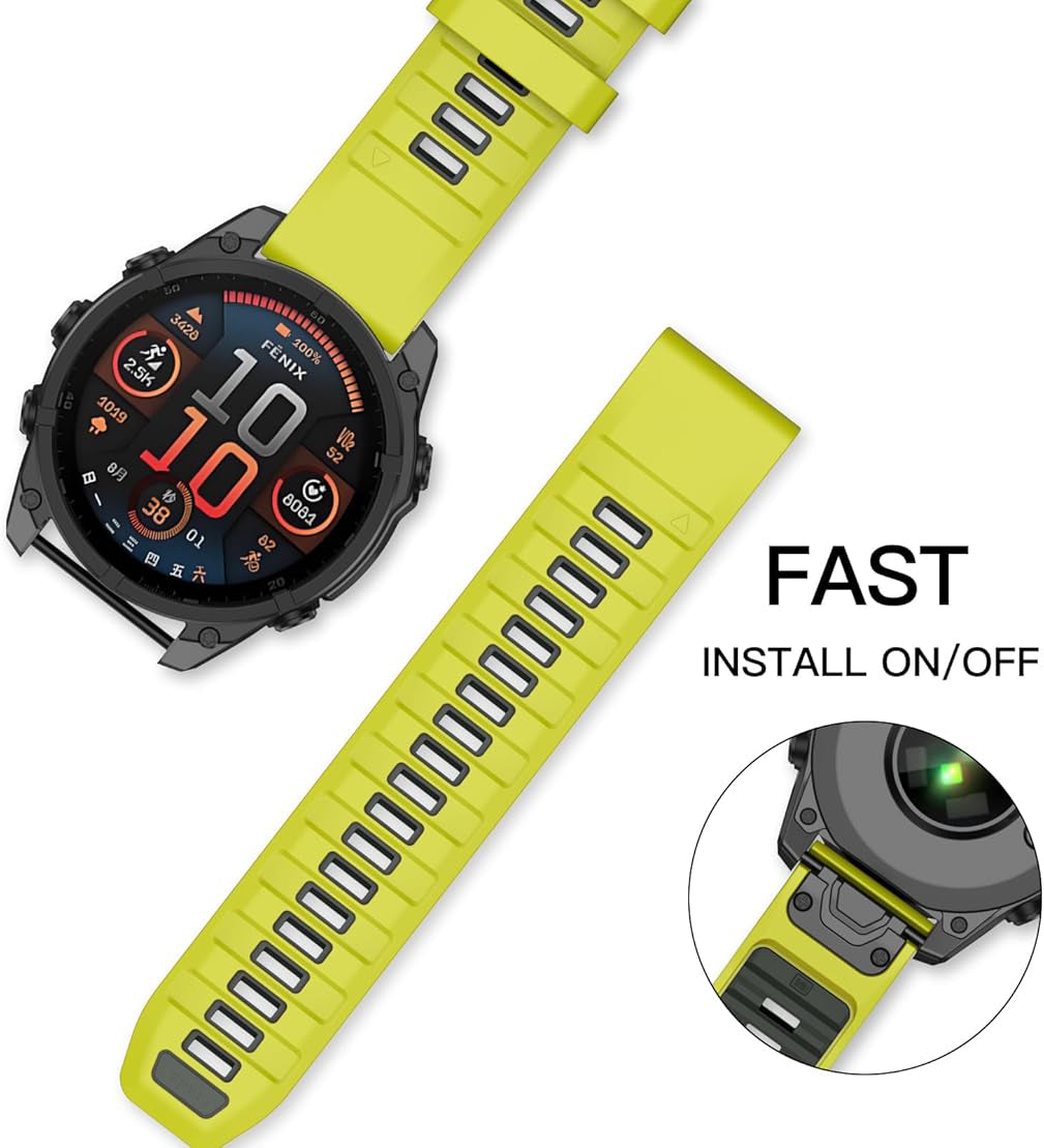 Zitel Band for Fenix 8 AMOLED 51mm, 7X/7X Pro, 6X/6X Pro, 5X/5X Plus, 3/3 HR, MK1/2i/3i, Enduro 3/2, 26mm Sport Strap - Lime Green & Gray