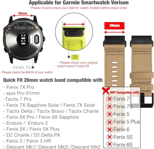 Zitel Band for Fenix 8 51mm, 7X/7X Pro, 6X/6X Pro, 5X/5X Plus, 3/3 HR, Descent MK1, Enduro, Rugged Nylon 26mm Sport Strap - Coyote Tan