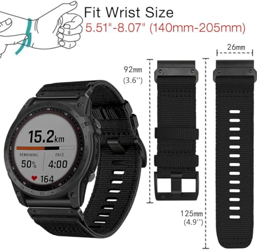 Zitel Band for Fenix 8 51mm, 7X/7X Pro, 6X/6X Pro, 5X/5X Plus, 3/3 HR, Descent MK1, Enduro, Rugged Nylon 26mm Sport Strap - Black