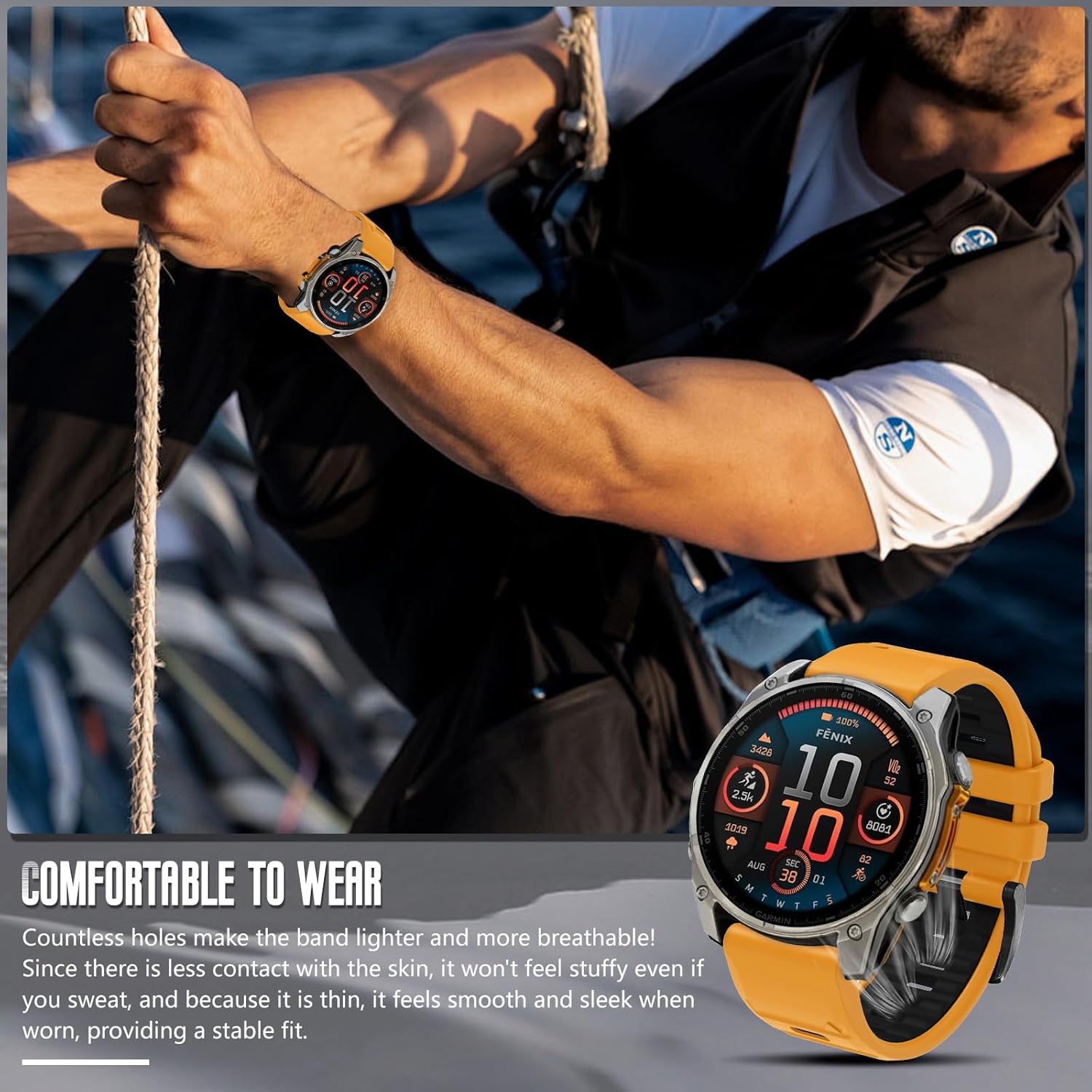 Zitel Band for Fenix 8 AMOLED 51mm, 7X/7X Pro, 6X/6X Pro, 5X/5X Plus, 3/3 HR, MK1/2i/3i, Enduro 3/2, 26mm Sport Strap - Orange & Black