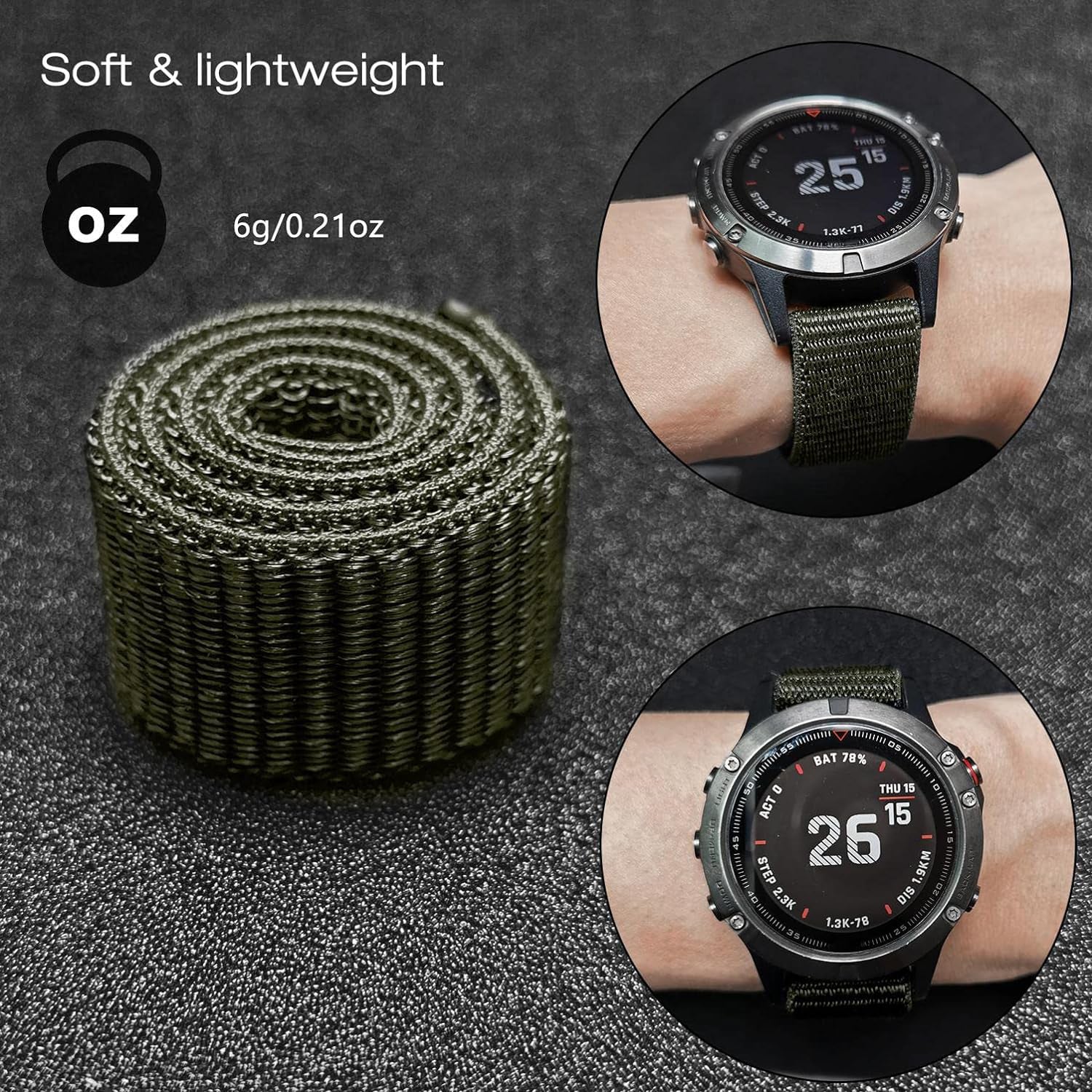 Zitel Band for Garmin Fenix 8 47mm, 7/7 Pro, 6/6 Pro, 5/5 Plus, Epix Pro/Gen 2 47mm, Forerunner 965/955/945/935, Nylon 22mm Sports Strap - Army Green