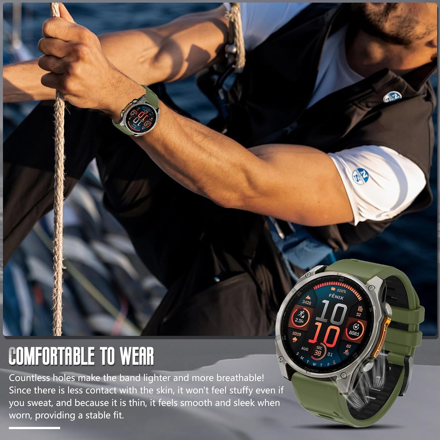 Zitel Band for Garmin Fenix 8 AMOLED 47mm, Fenix E/7/7 Pro, 6/6 Pro, Forerunner 970/965/955, QuickFit 22mm wide Silicone Sport Strap - Military Green & Black