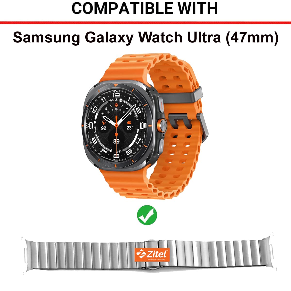 Zitel Stainless Steel No Gap Metal Band for Samsung Galaxy Watch Ultra 47mm 2025/2024 - Silver