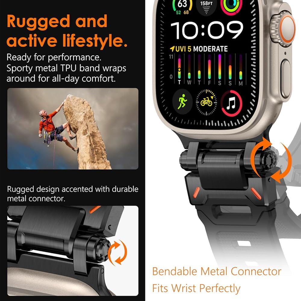 Zitel Band for Apple Watch Ultra 2 / Ultra 49/46/45/44mm Metal Connector Sport Strap - Black Adapter