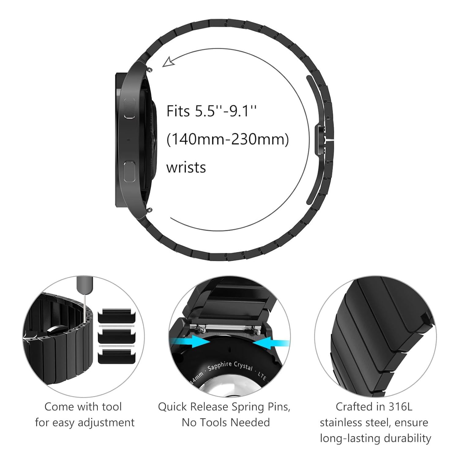 Zitel Band for Samsung Galaxy Watch 7 44mm / 40mm, Watch FE 40mm, Stainless Steel No Gap Strap - Black