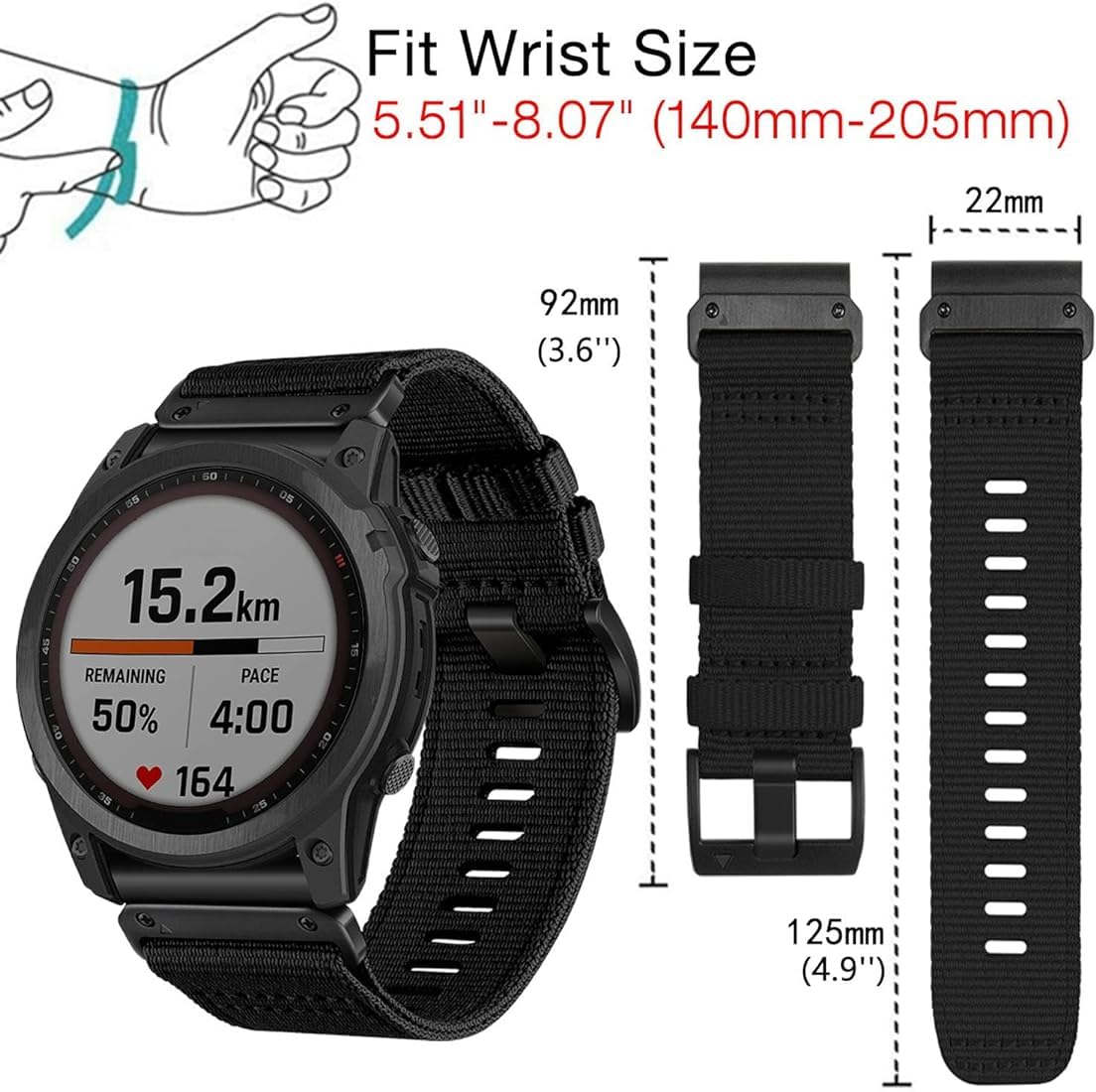 Zitel Band for Garmin Fenix 8 AMOLED 47mm, Fenix E/7/7 Pro, 6/6 Pro, Forerunner 970/965/955, Rugged Nylon 22mm wide Sport Strap