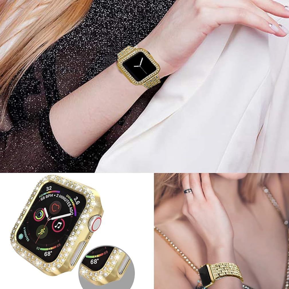 Zitel Band for Apple Watch 42mm Series 10 Bling Diamond Rhinestone Strap + Case for Women Girls - Gold