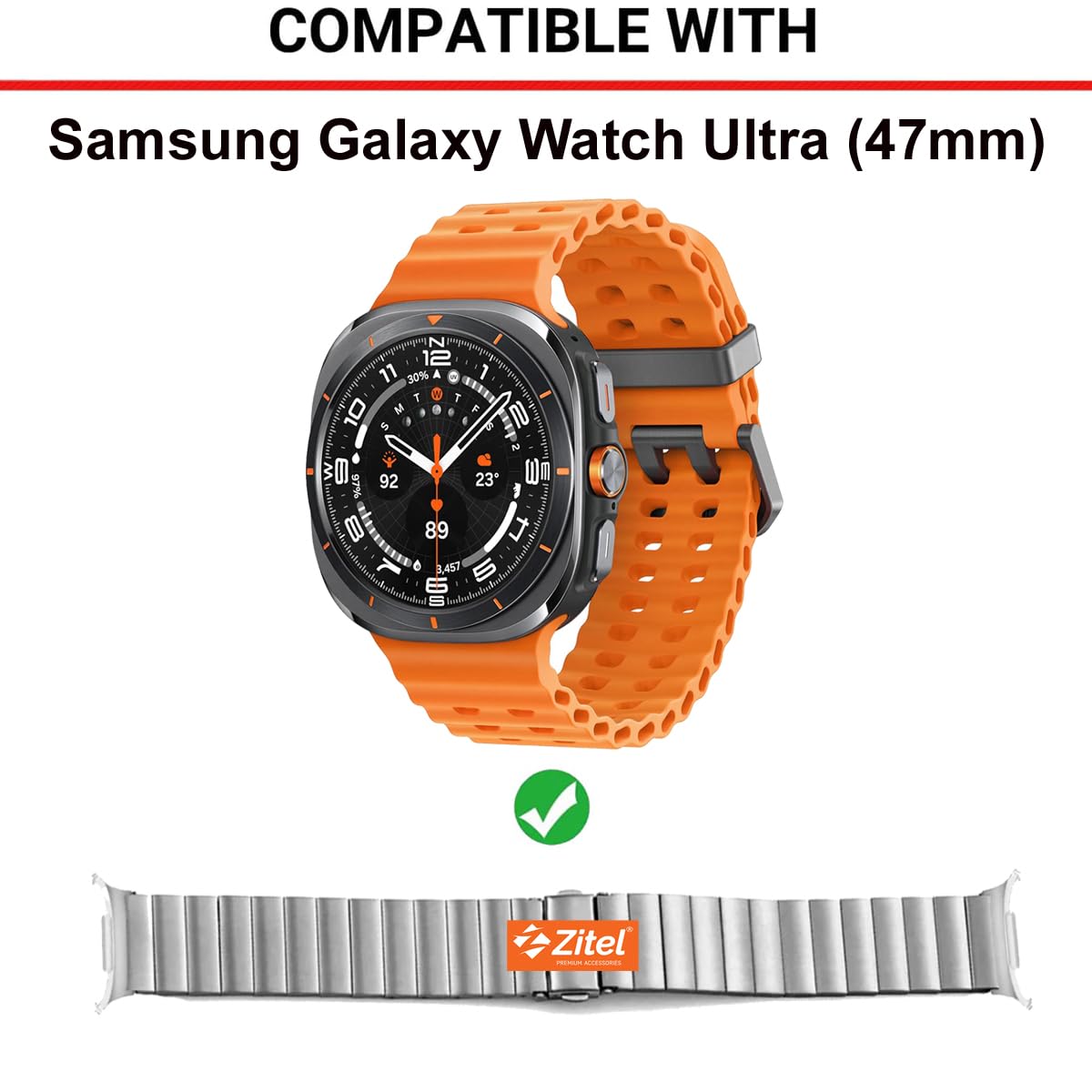 Zitel Stainless Steel No Gap Metal Band for Samsung Galaxy Watch Ultra 47mm 2025/2024 - Titanium