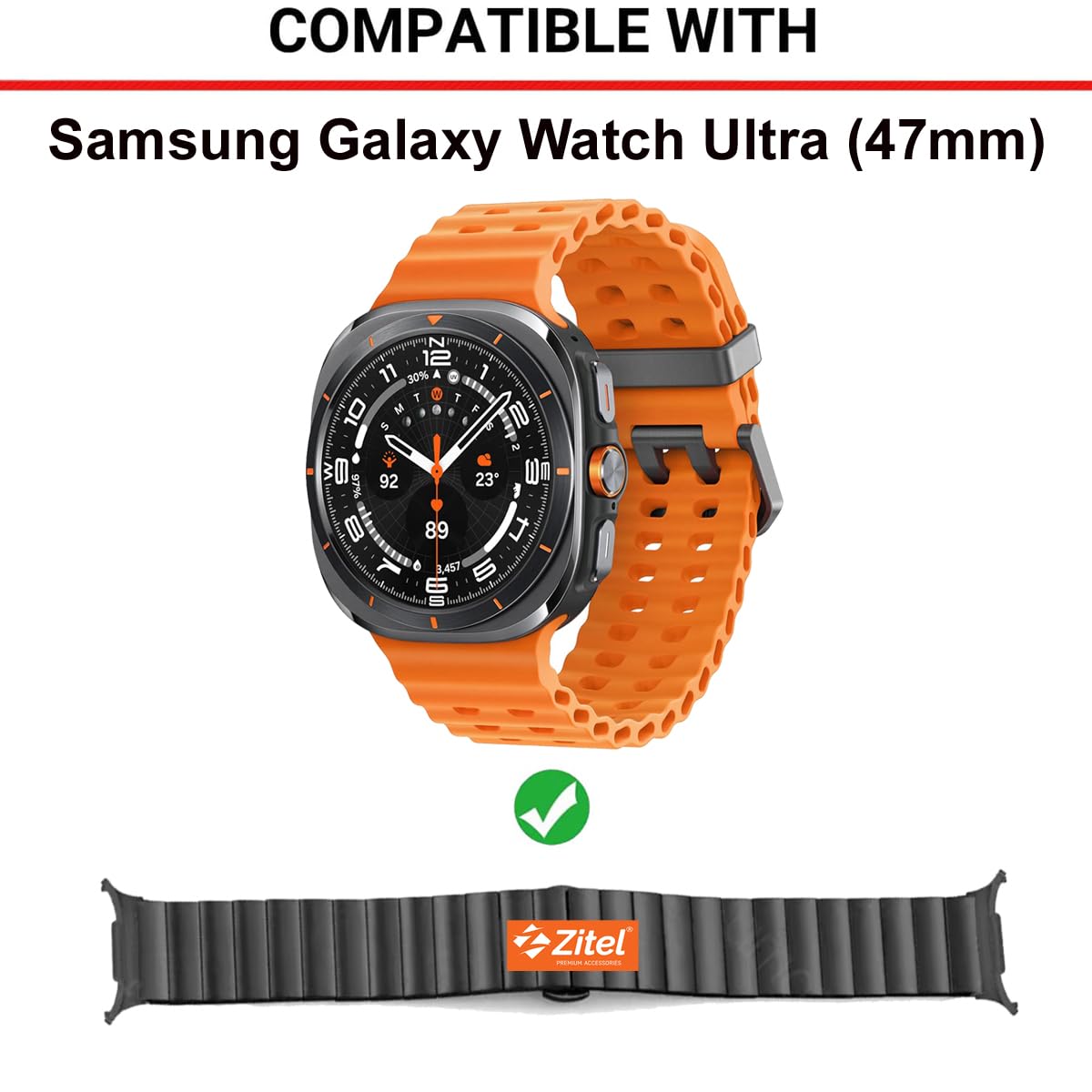 Zitel Stainless Steel No Gap Metal Band for Samsung Galaxy Watch Ultra 47mm 2025/2024 - Black