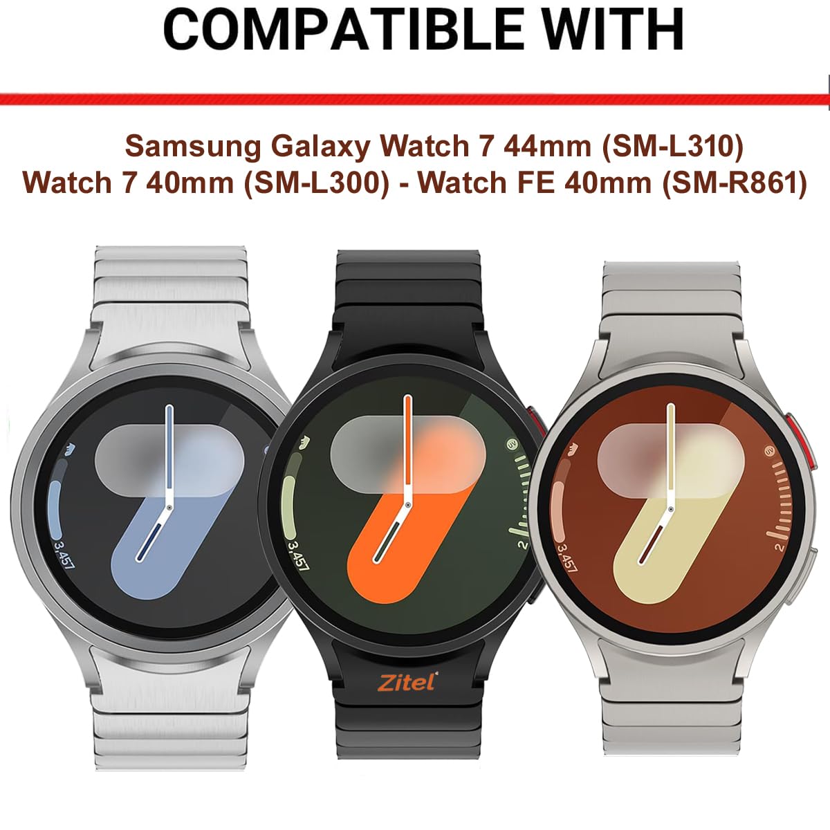 Zitel Band for Samsung Galaxy Watch 7 44mm / 40mm, Watch FE 40mm, Stainless Steel No Gap Strap - Titanium