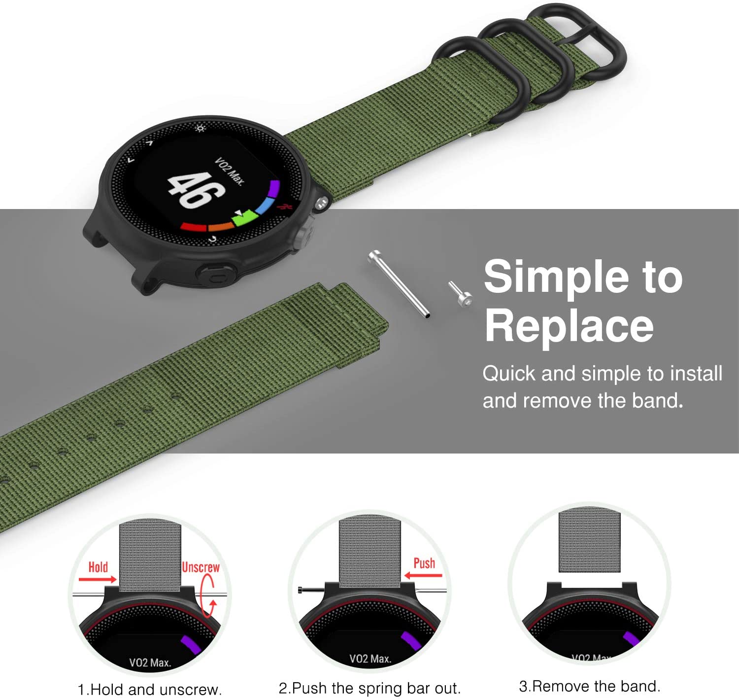 Zitel Band for Garmin Forerunner 735XT, 220, 230, 235, 235 Lite, 620 630, Approach S20,S6,S5, Nylon Strap - Army Green