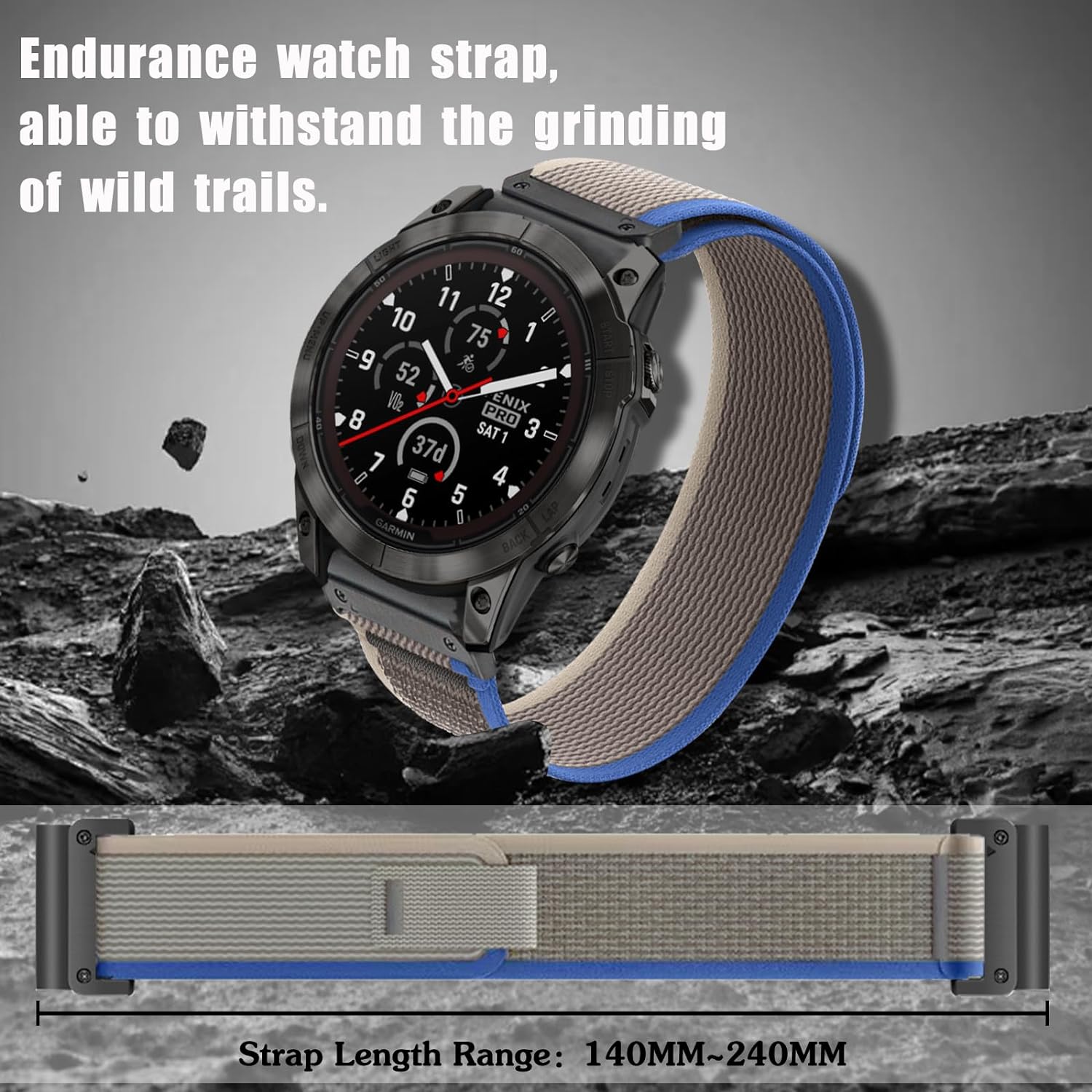 Zitel Band for Garmin Fenix 8 AMOLED 47mm, Fenix E/7/7 Pro, 6/6 Pro, Forerunner 970/965/955, Nylon 22mm wide Sports Strap - Blue/Grey